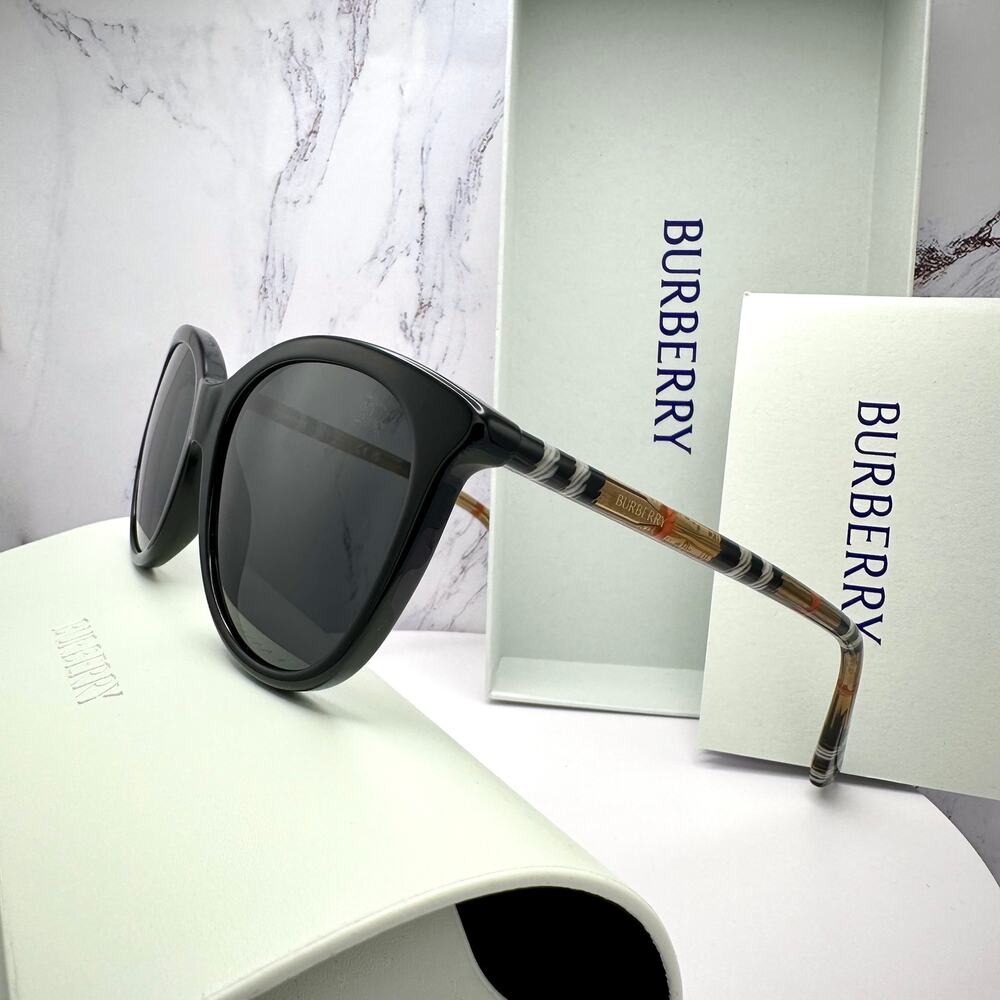 New Burberry Sunglasses Black Front Round Pantos Frame Checkered Arms Gray Lens - Picture 14 of 16